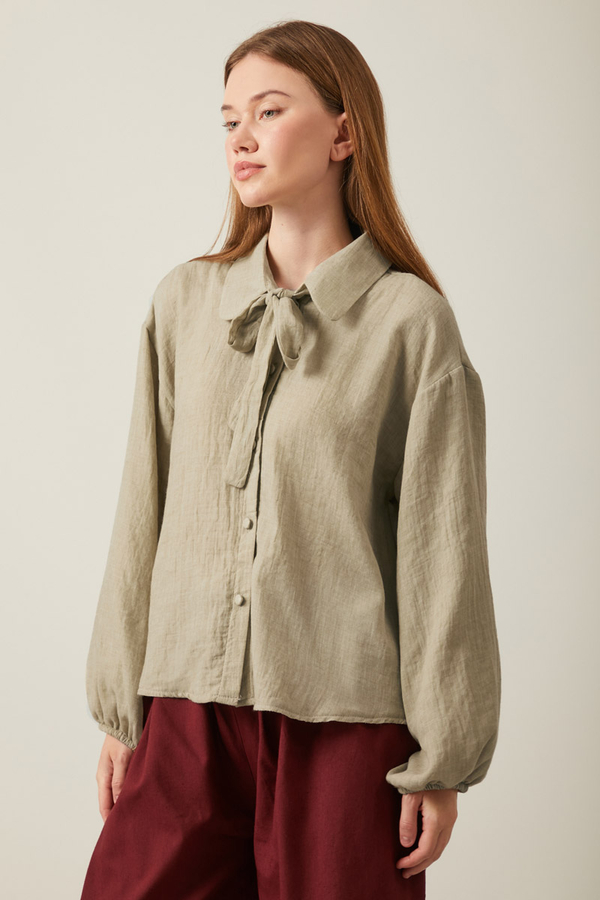 Tie Front Voile Shirt Stone - 5