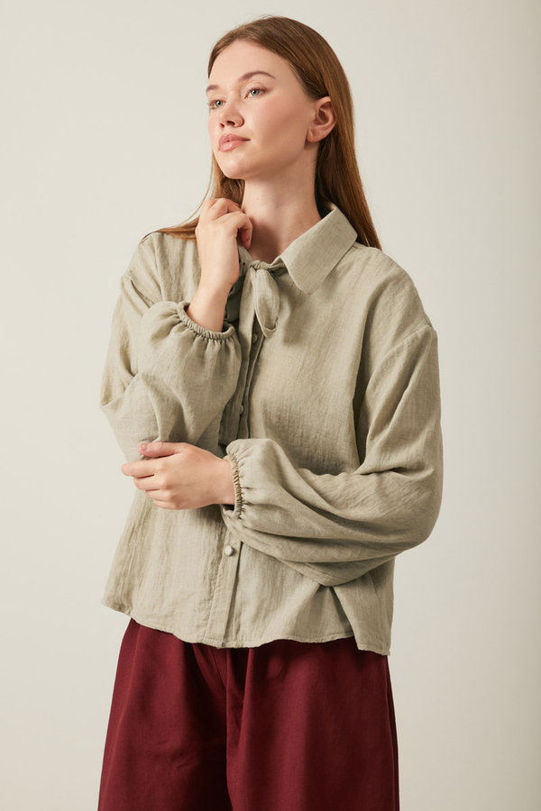 Tie Front Voile Shirt Stone - 10