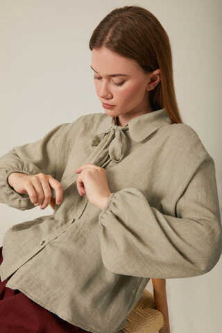 Tie Front Voile Shirt Stone - 4