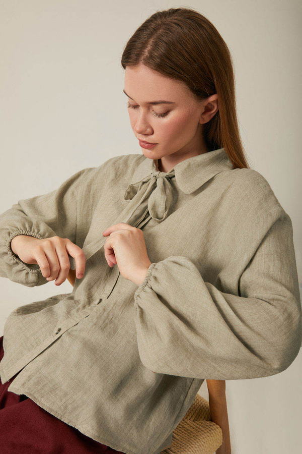 Tie Front Voile Shirt Stone - 4