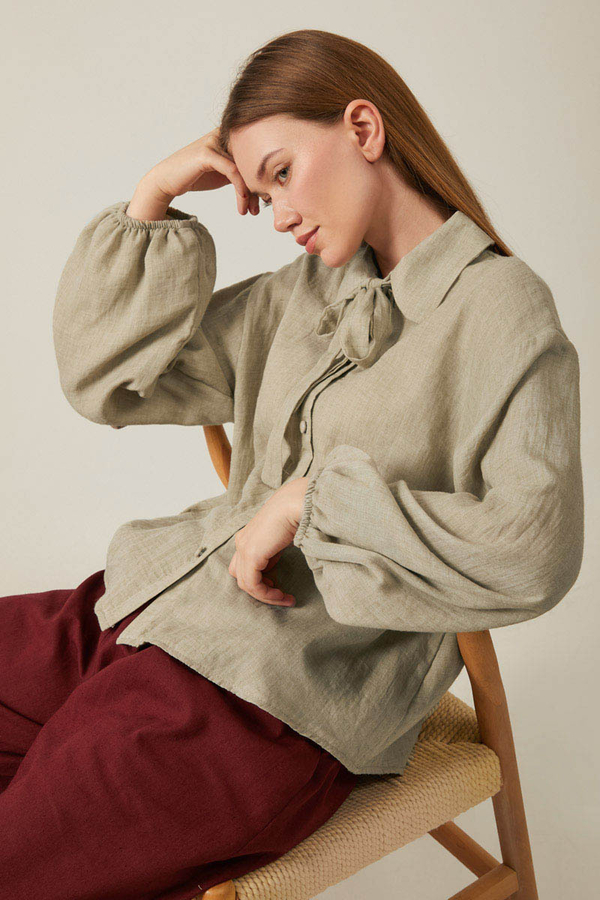 Tie Front Voile Shirt Stone - 1