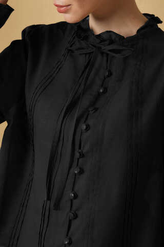 Tie-Neck Pleated Voile Blouse  Black - 4