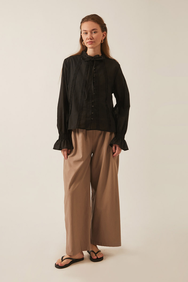 Tie-Neck Pleated Voile Blouse  Black - 5