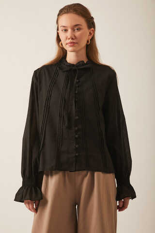 Tie-Neck Pleated Voile Blouse  Black - 8