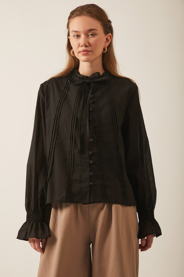 Tie-Neck Pleated Voile Blouse  Black - 8