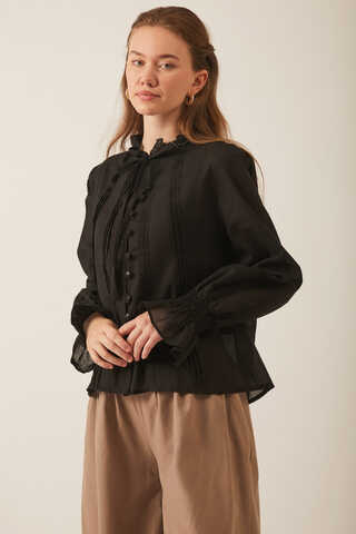 Tie-Neck Pleated Voile Blouse  Black - 9