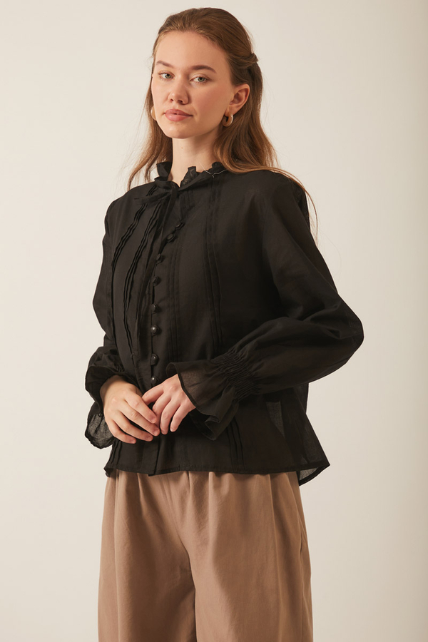 Tie-Neck Pleated Voile Blouse  Black - 9