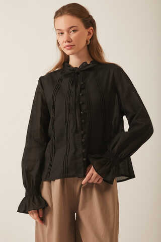 Tie-Neck Pleated Voile Blouse  Black - 10