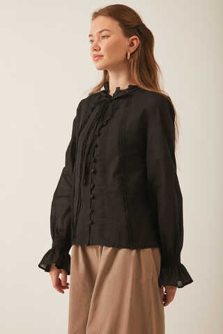 Tie-Neck Pleated Voile Blouse  Black - 11