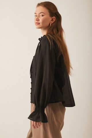 Tie-Neck Pleated Voile Blouse  Black - 12