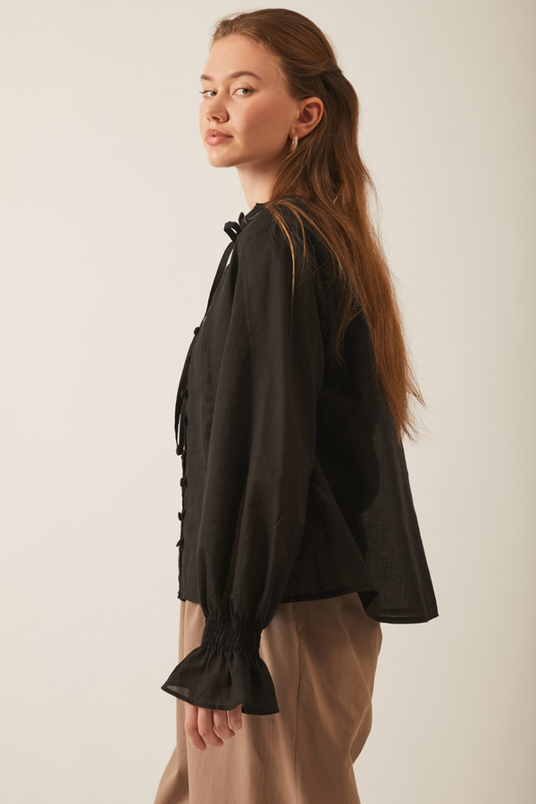 Tie-Neck Pleated Voile Blouse  Black - 12