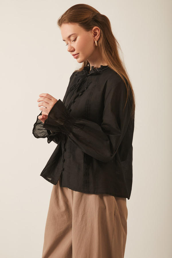Tie-Neck Pleated Voile Blouse  Black - 13