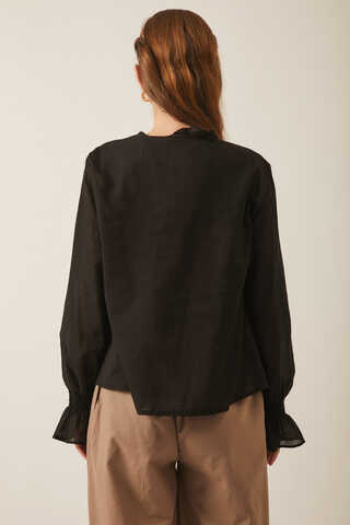 Tie-Neck Pleated Voile Blouse  Black - 17