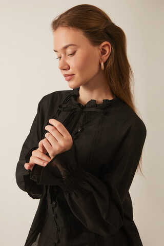Tie-Neck Pleated Voile Blouse  Black - 16