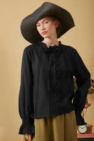 Tie-Neck Pleated Voile Blouse  Black - 1