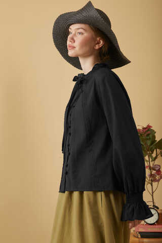 Tie-Neck Pleated Voile Blouse  Black - 3