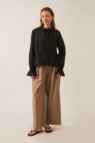 Tie-Neck Pleated Voile Blouse  Black - 5