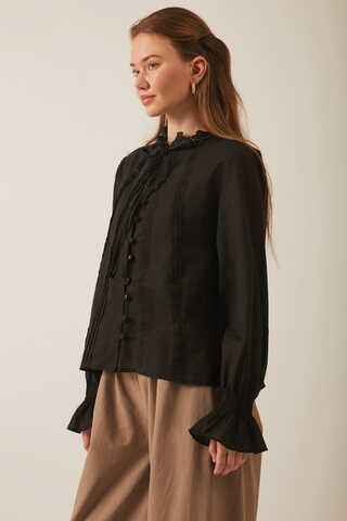 Tie-Neck Pleated Voile Blouse  Black - 6