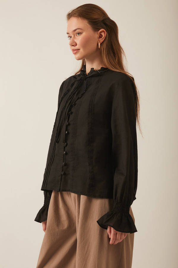 Tie-Neck Pleated Voile Blouse  Black - 6