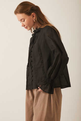 Tie-Neck Pleated Voile Blouse  Black - 7