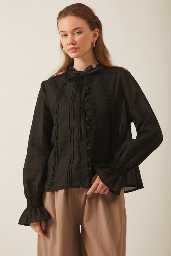 Tie-Neck Pleated Voile Blouse  Black - 10