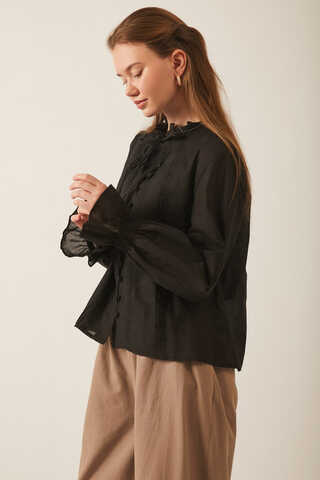 Tie-Neck Pleated Voile Blouse  Black - 13