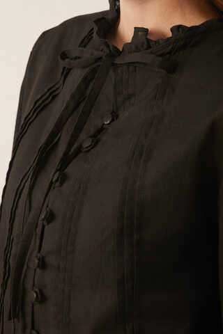 Tie-Neck Pleated Voile Blouse  Black - 15