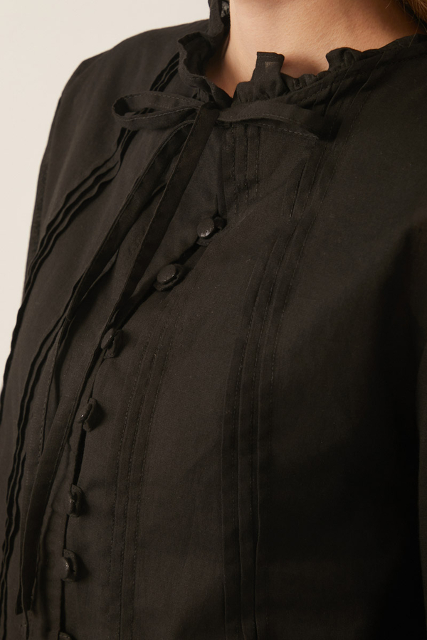 Tie-Neck Pleated Voile Blouse  Black - 15