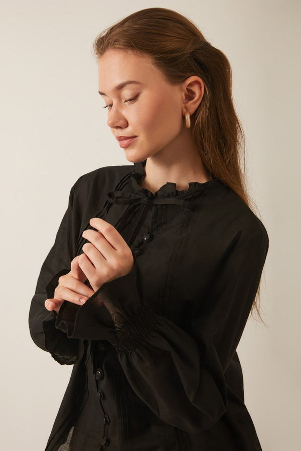 Tie-Neck Pleated Voile Blouse  Black - 16
