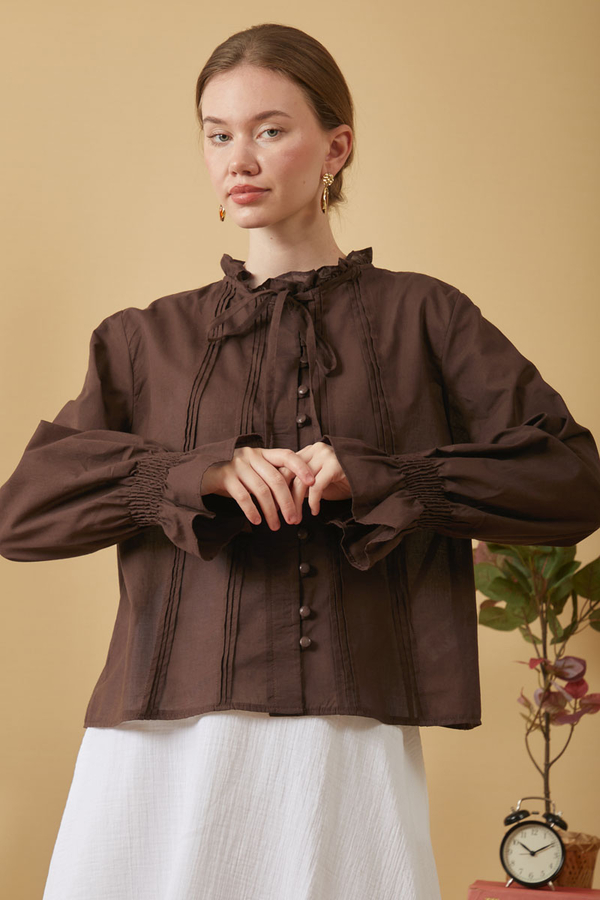 Tie-Neck Pleated Voile Blouse Brown - 1