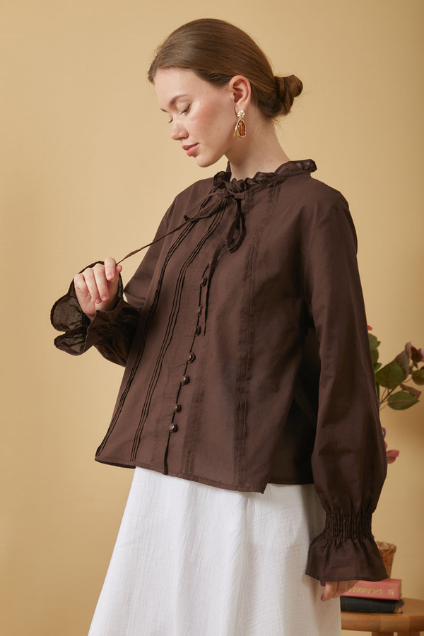Tie-Neck Pleated Voile Blouse Brown - 3