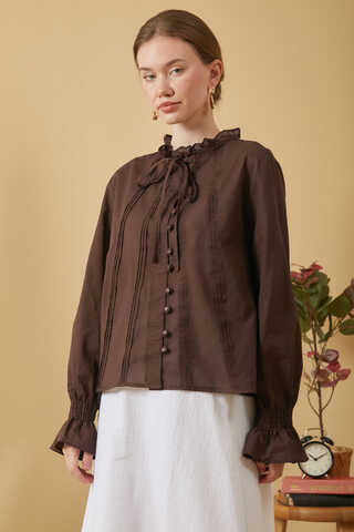 Tie-Neck Pleated Voile Blouse Brown - 4