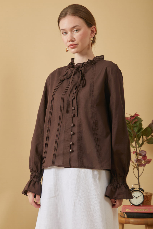 Tie-Neck Pleated Voile Blouse Brown - 4