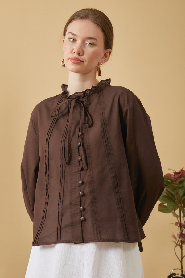 Tie-Neck Pleated Voile Blouse Brown - 11