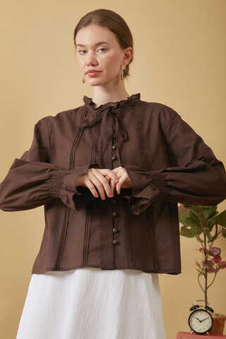 Tie-Neck Pleated Voile Blouse Brown - 1