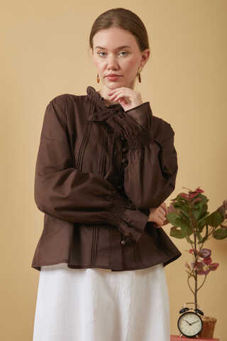 Tie-Neck Pleated Voile Blouse Brown - 2