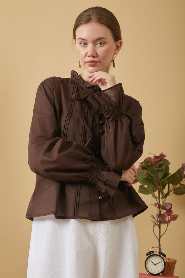 Tie-Neck Pleated Voile Blouse Brown - 2