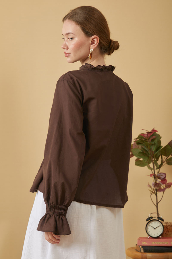 Tie-Neck Pleated Voile Blouse Brown - 5
