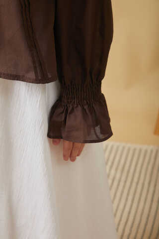 Tie-Neck Pleated Voile Blouse Brown - 6