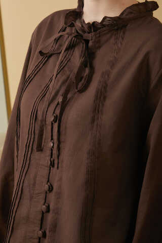 Tie-Neck Pleated Voile Blouse Brown - 7