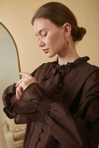 Tie-Neck Pleated Voile Blouse Brown - 8