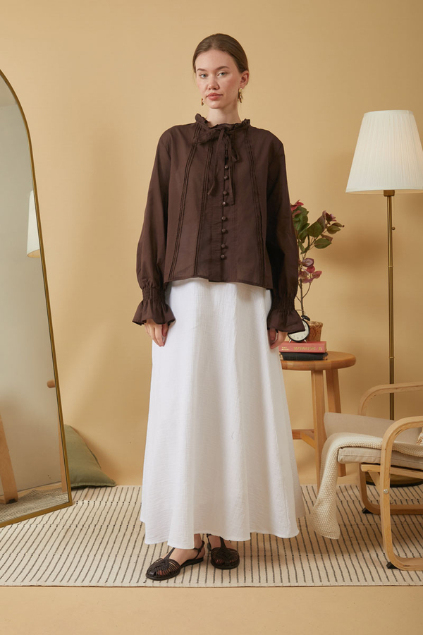 Tie-Neck Pleated Voile Blouse Brown - 9