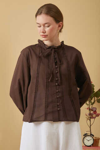 Tie-Neck Pleated Voile Blouse Brown - 10