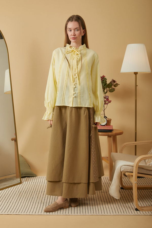 Tie-Neck Pleated Voile Blouse Butter Yellow