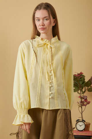 Tie-Neck Pleated Voile Blouse Butter Yellow - 2