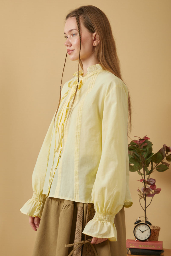 Tie-Neck Pleated Voile Blouse Butter Yellow - 3