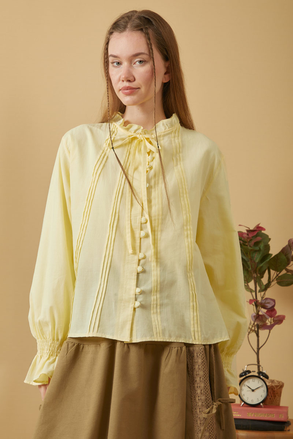 Tie-Neck Pleated Voile Blouse Butter Yellow - 5