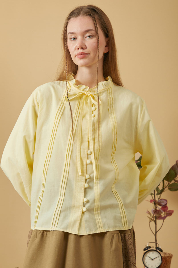 Tie-Neck Pleated Voile Blouse Butter Yellow - 6