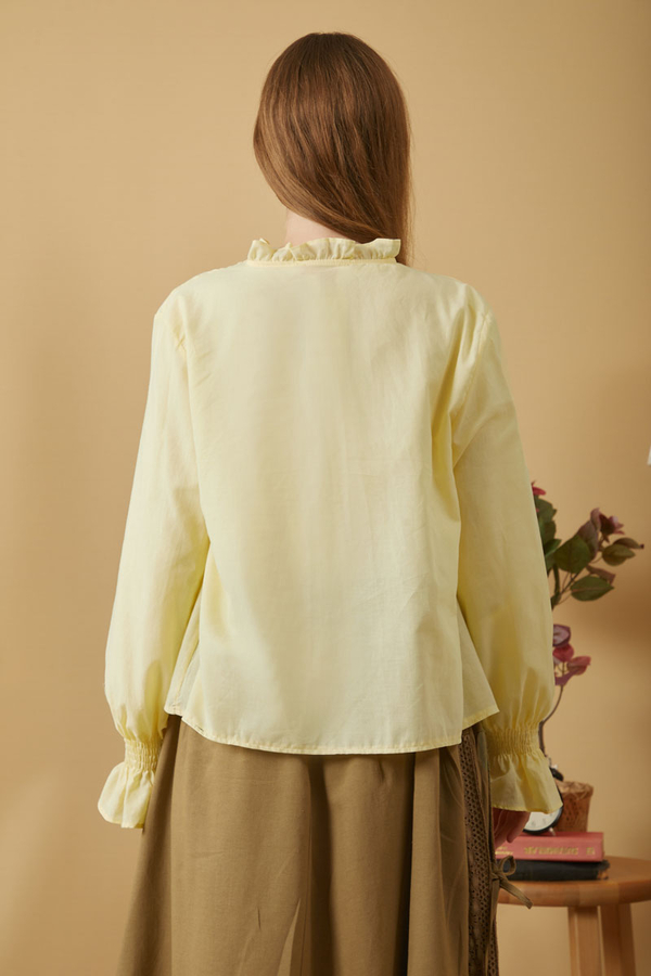 Tie-Neck Pleated Voile Blouse Butter Yellow - 7