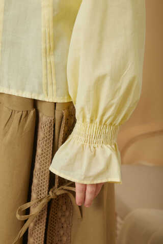 Tie-Neck Pleated Voile Blouse Butter Yellow - 8